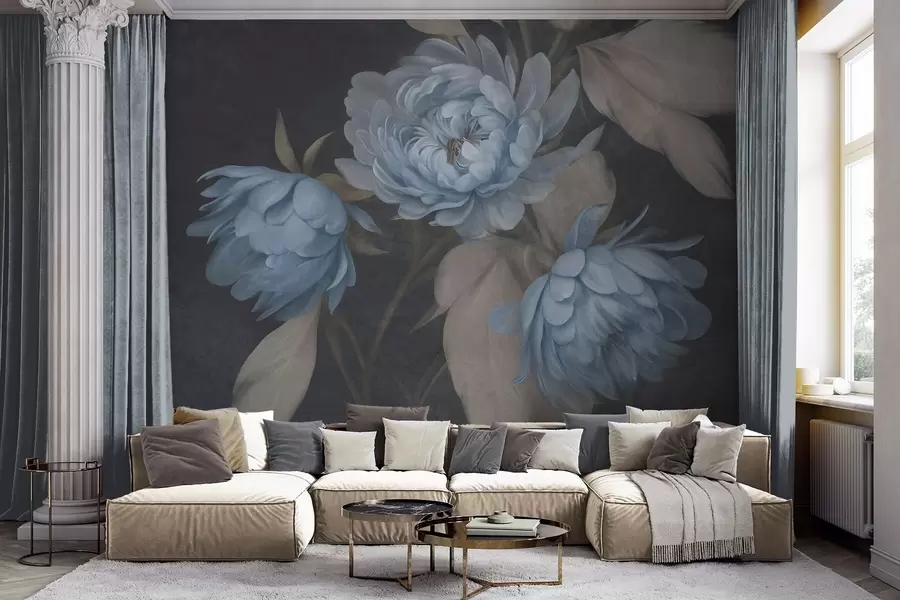 Fototapet Strukturerade ljusblå pionblommor med beige blad mot en mörk bakgrund w09751