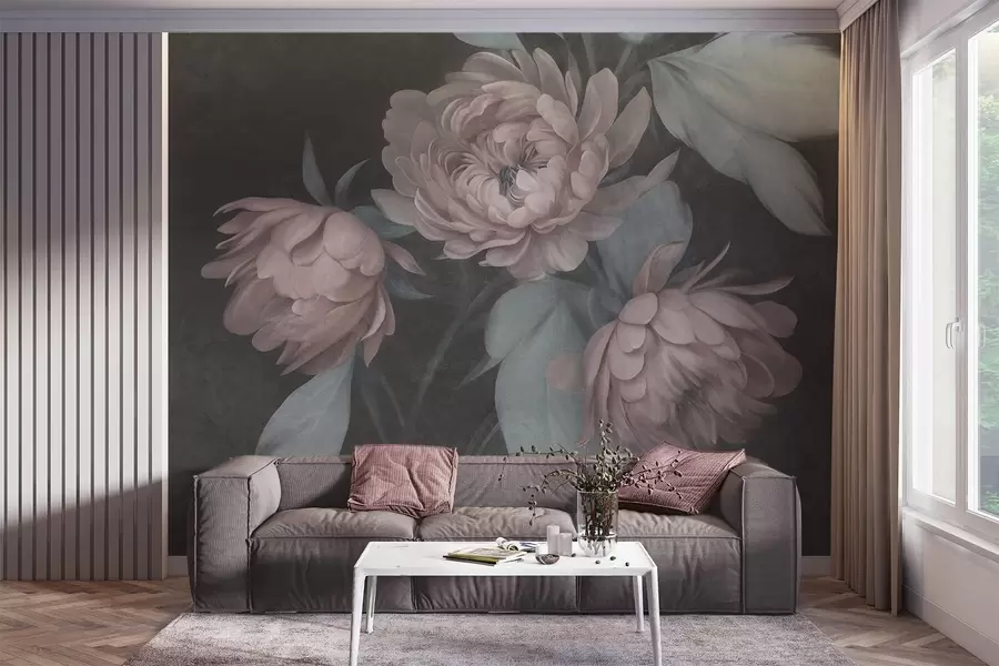 Fototapet Strukturerade ljusrosa pionblommor med dämpade gröna blad mot en mörk bakgrund w09751v1