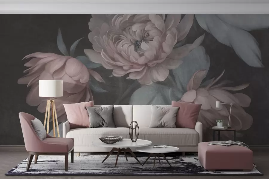 Fototapet Strukturerade ljusrosa pionblommor med dämpade gröna blad mot en mörk bakgrund w09751v1