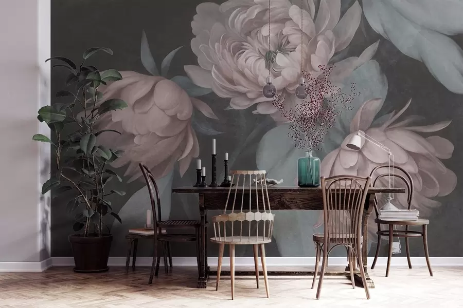 Fototapet Strukturerade ljusrosa pionblommor med dämpade gröna blad mot en mörk bakgrund w09751v1