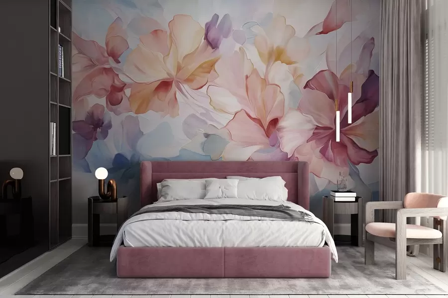 Fototapet Abstrakta fantasiblommor i nyanser av rosa, persika och lavendel i målningsstil, texturerad konst w09767