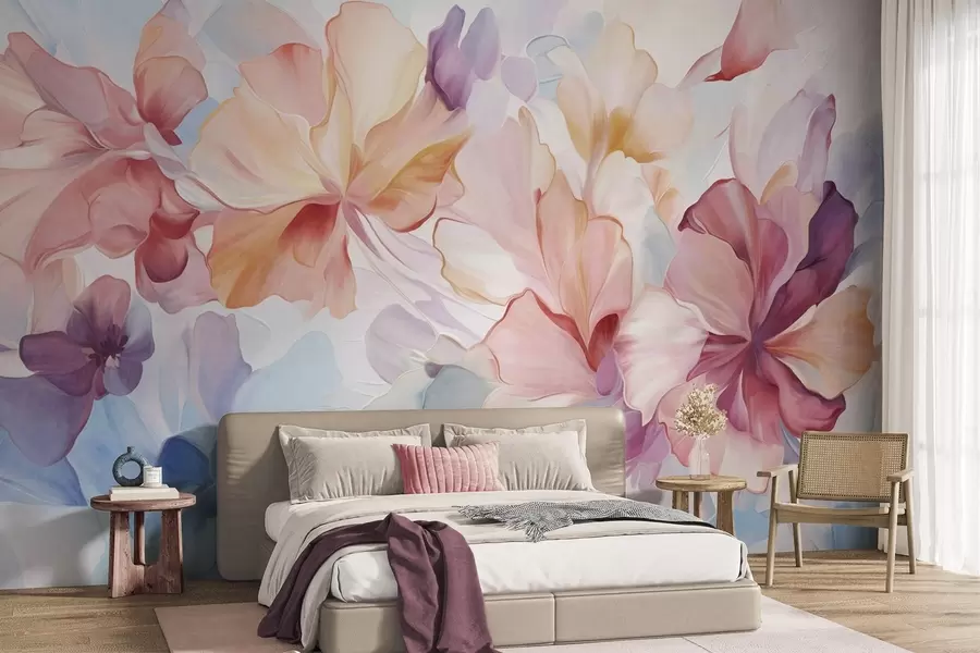 Fototapet Abstrakta fantasiblommor i nyanser av rosa, persika och lavendel i målningsstil, texturerad konst w09767