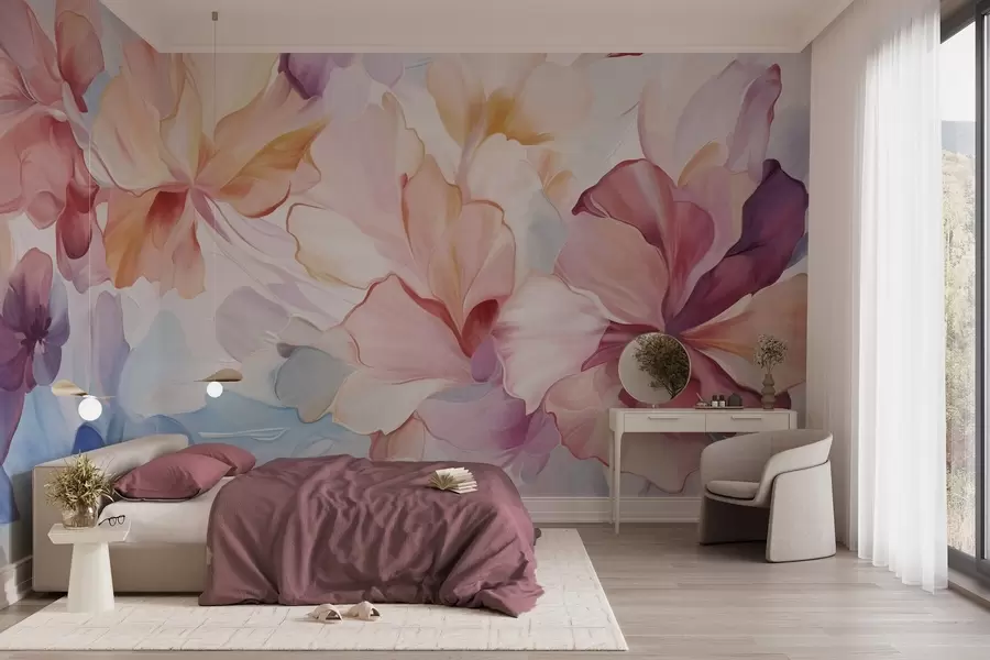 Fototapet Abstrakta fantasiblommor i nyanser av rosa, persika och lavendel i målningsstil, texturerad konst w09767