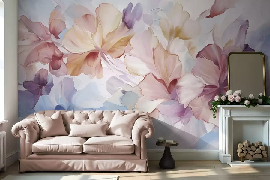 Fototapet Abstrakta fantasiblommor i nyanser av rosa, persika och lavendel i målningsstil, texturerad konst w09767