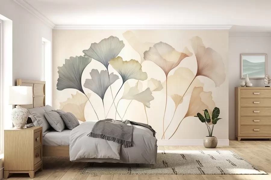 Fototapet Abstrakt konst med ginkgoblad i dämpade pastellfärger som blått, grönt och persikofärgat w09810