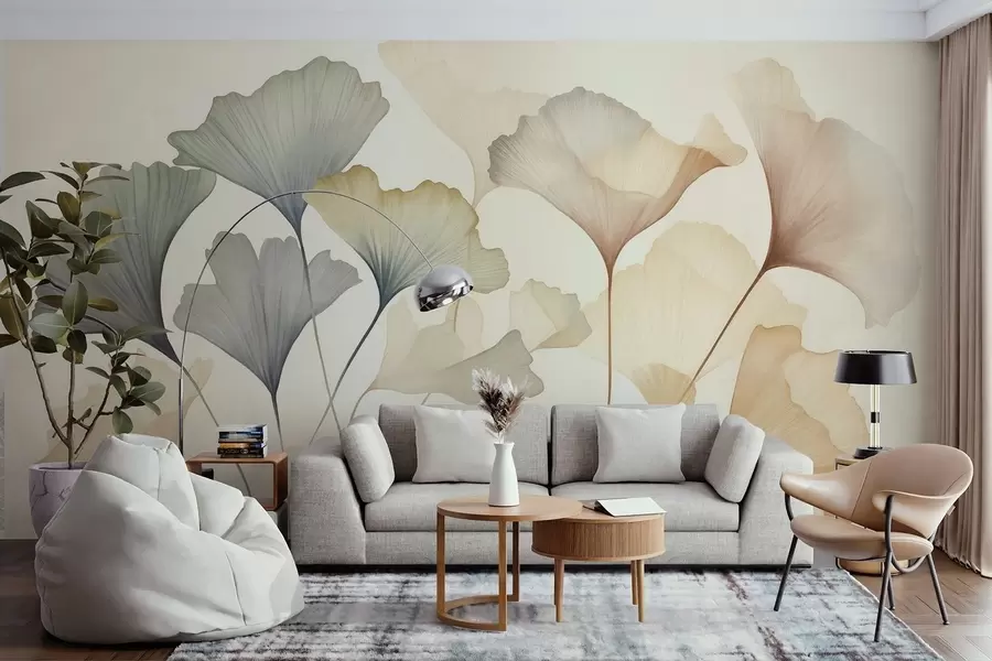 Fototapet Abstrakt konst med ginkgoblad i dämpade pastellfärger som blått, grönt och persikofärgat w09810