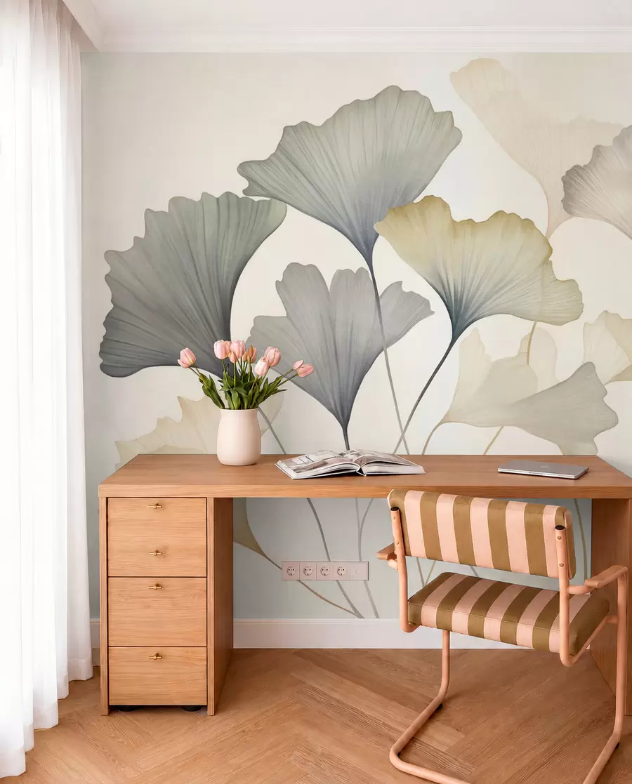 Fototapet Abstrakt konst med ginkgoblad i dämpade pastellfärger som blått, grönt och persikofärgat w09810