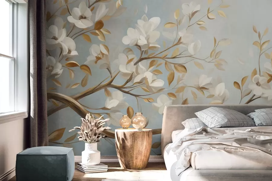 Fototapet Strukturerad trädgren med vita blommor och gula blad, i vintagestil w09814