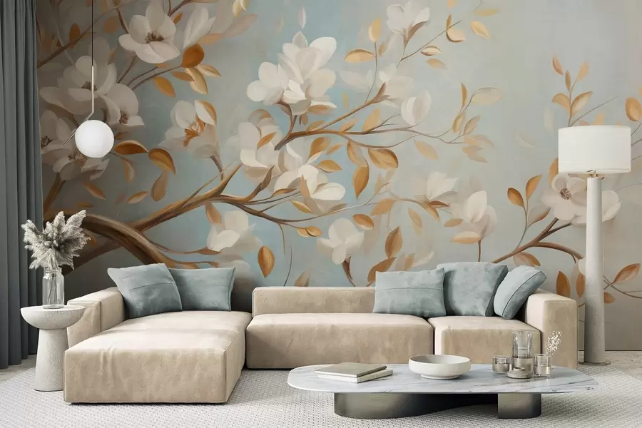 Fototapet Strukturerad trädgren med vita blommor och gula blad, i vintagestil w09814