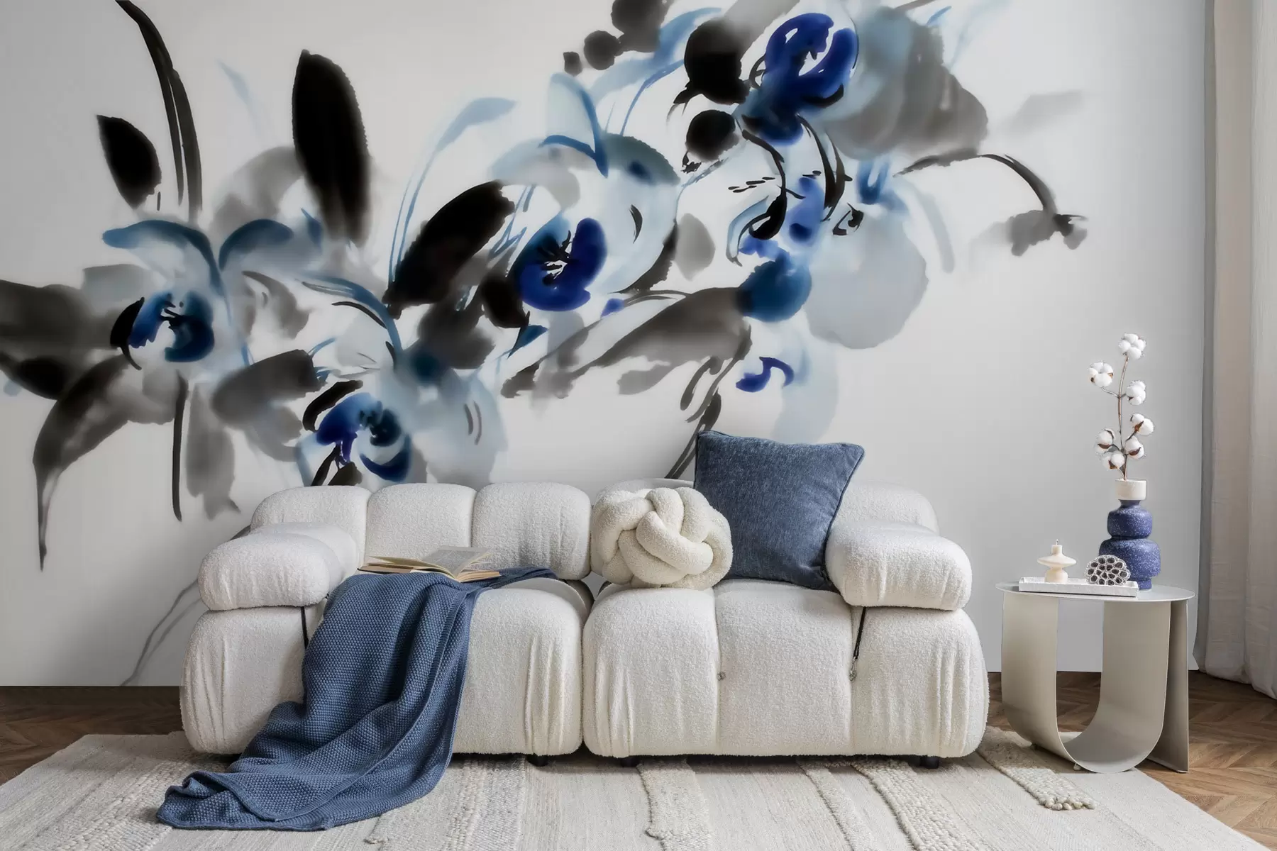 Fototapet eleganta abstrakta blommor i orientalisk akvarellstil med inslag av blått och svart, orkidéer w09797
