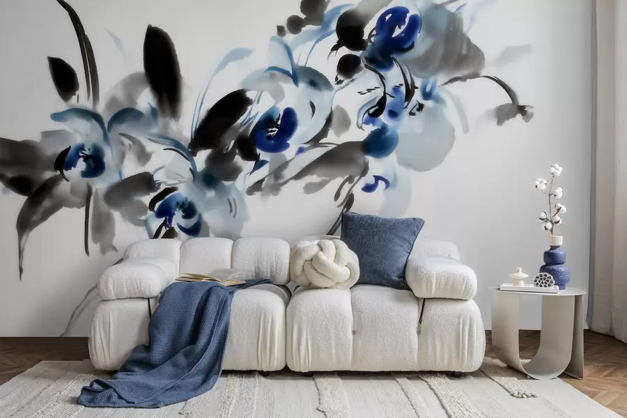 Fototapet eleganta abstrakta blommor i orientalisk akvarellstil med inslag av blått och svart, orkidéer w09797