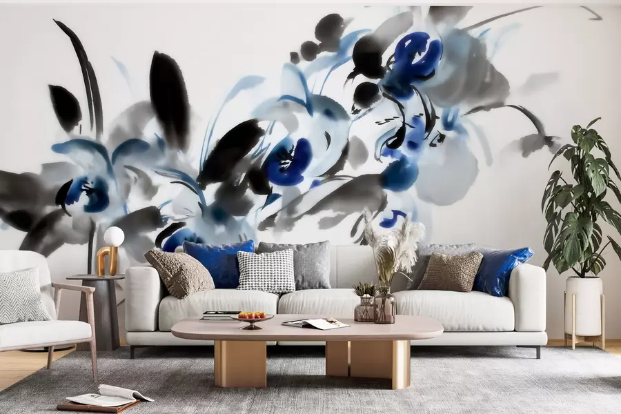 Fototapet eleganta abstrakta blommor i orientalisk akvarellstil med inslag av blått och svart, orkidéer w09797