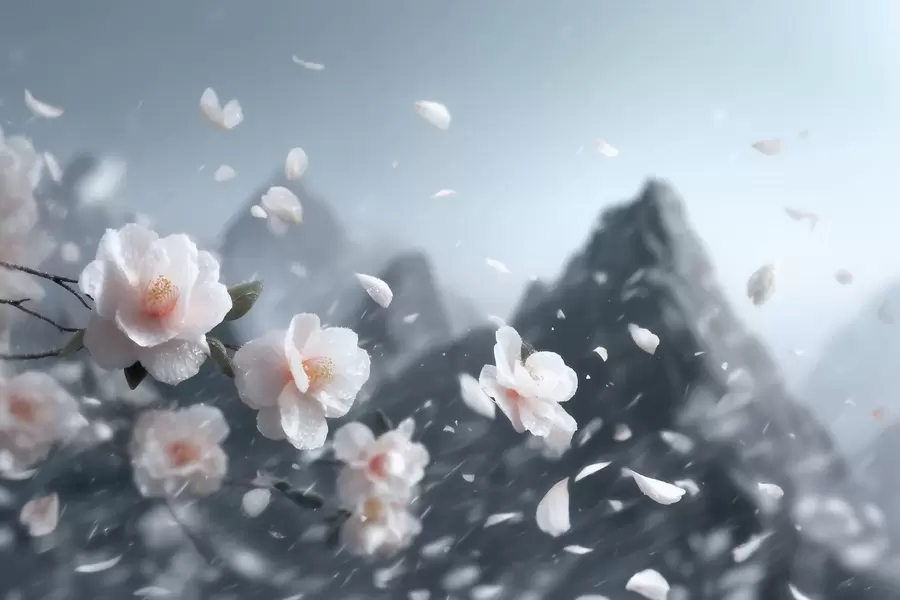Fototapet Ömtåliga körsbärsblommor mot en bergsbakgrund, stämningsfullt japanskt landskap i pastellfärger w09808