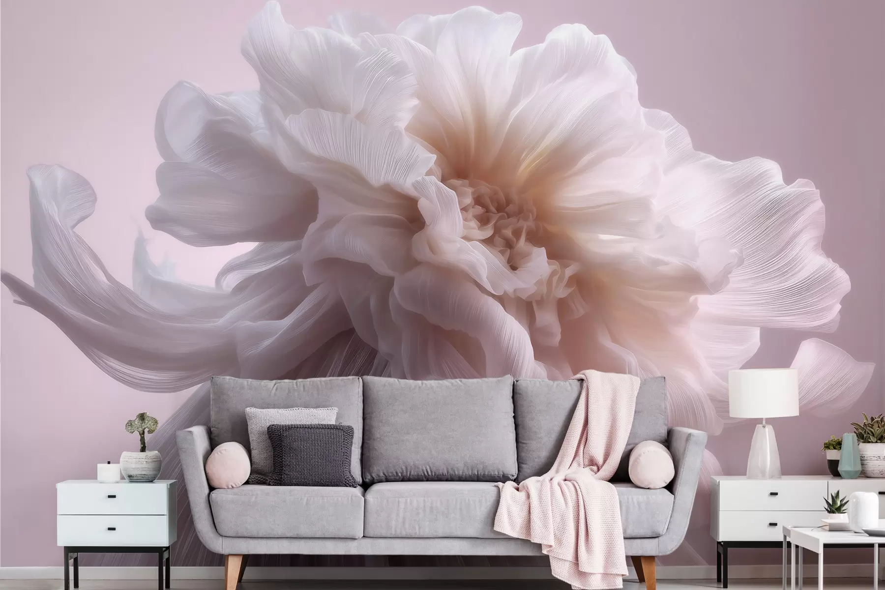 Fototapet Voluminös sidenblomma i mjuka rosa och beige nyanser w09809