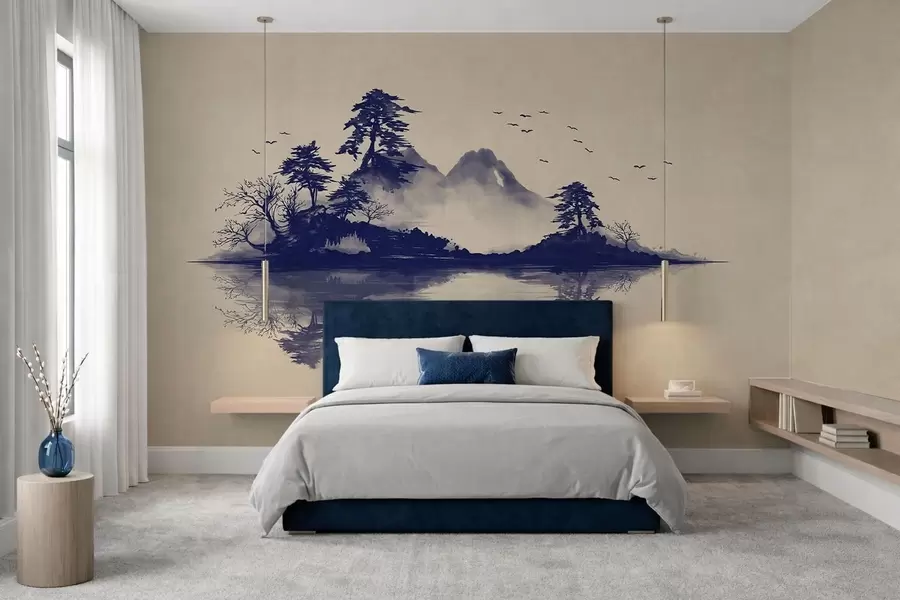 Fototapet Sumi-e-bergslandskap i blå nyanser w05124v2