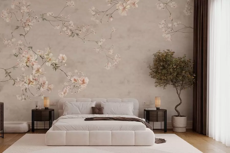 Fototapet Chinoiserie med fina blommiga grenar på ljus bakgrund w05427