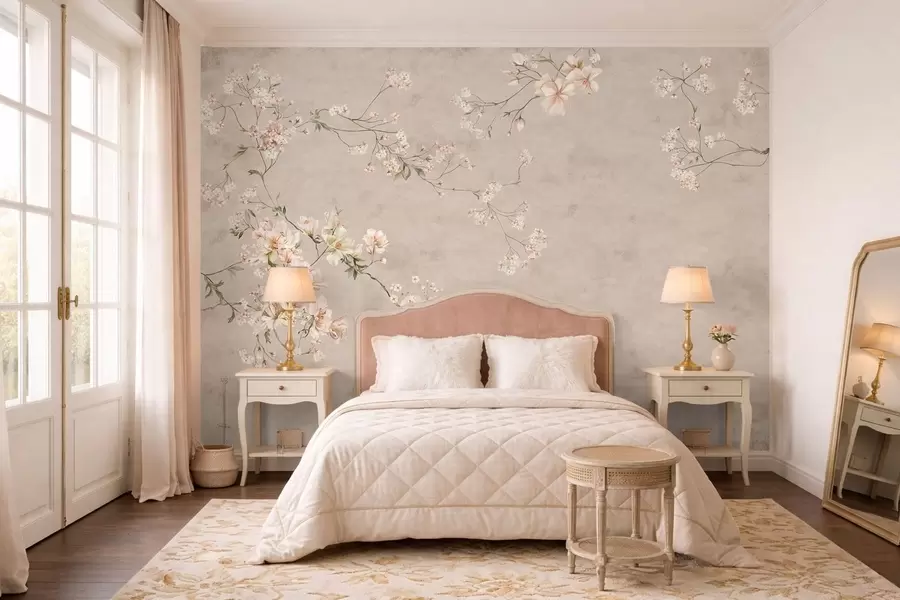 Fototapet Chinoiserie med fina blommiga grenar på ljus bakgrund w05427