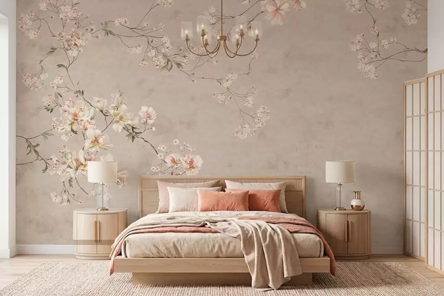 Fototapet Chinoiserie med fina blommiga grenar på ljus bakgrund w05427