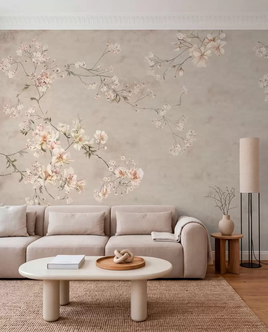 Fototapet Chinoiserie med fina blommiga grenar på ljus bakgrund w05427
