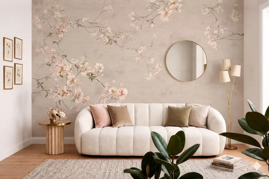 Fototapet Chinoiserie med fina blommiga grenar på ljus bakgrund w05427