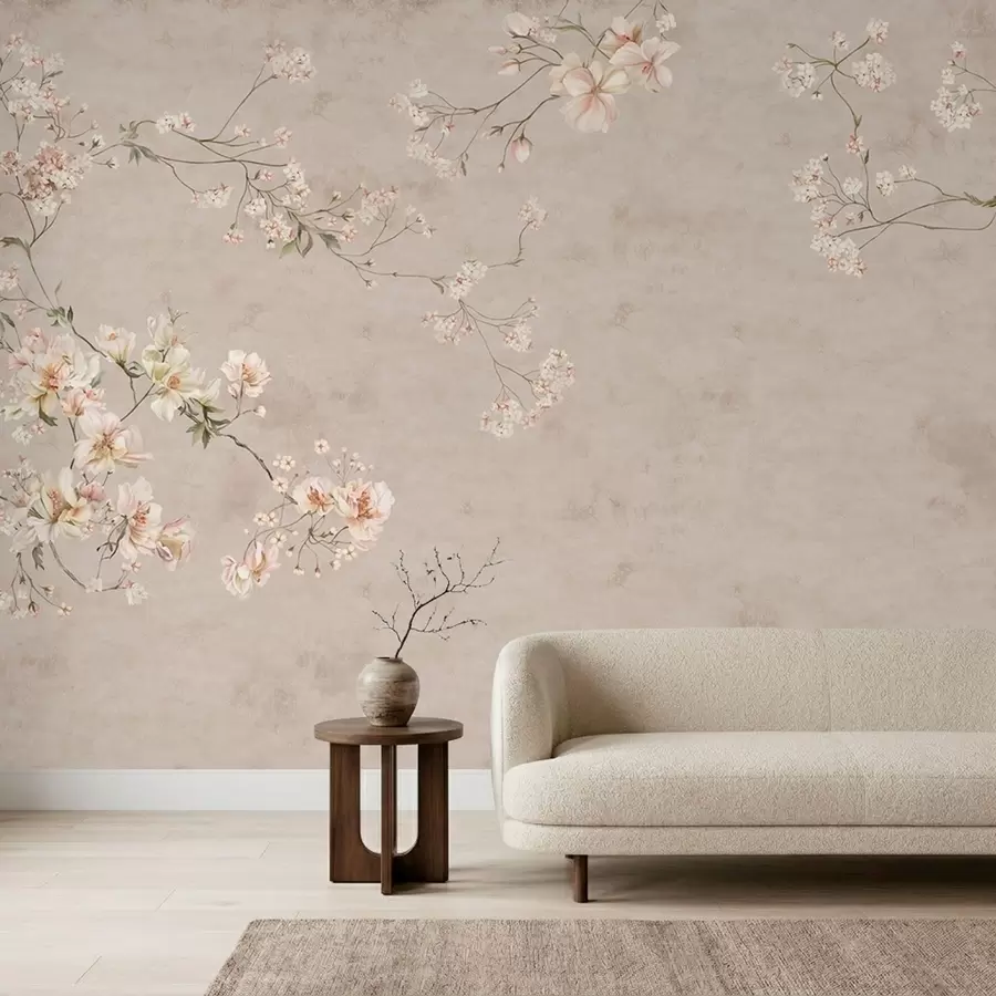 Fototapet Chinoiserie med fina blommiga grenar på ljus bakgrund w05427