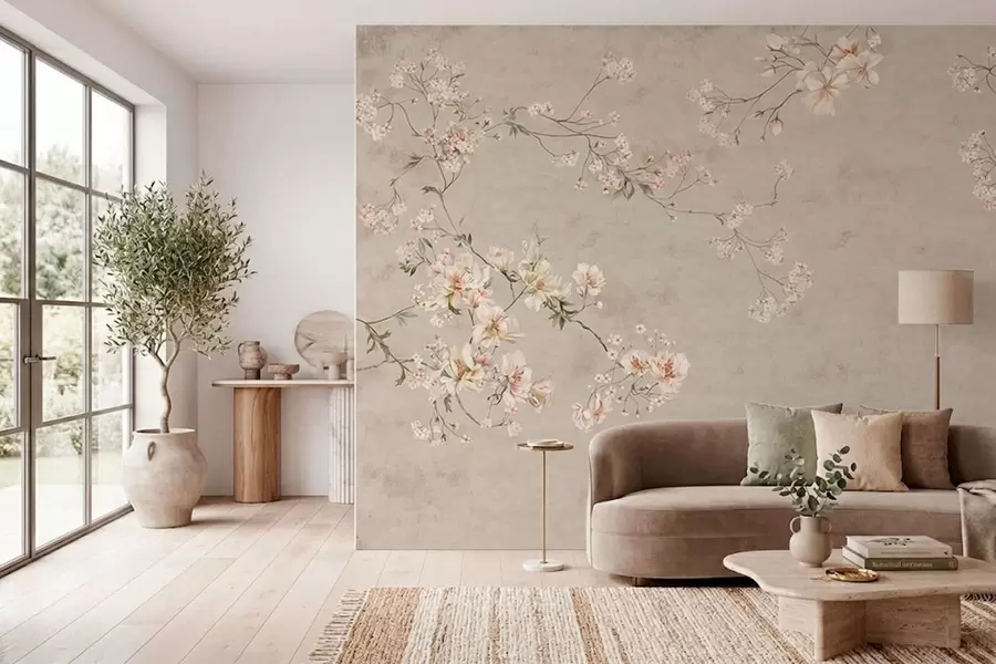 Fototapet Chinoiserie med fina blommiga grenar på ljus bakgrund w05427