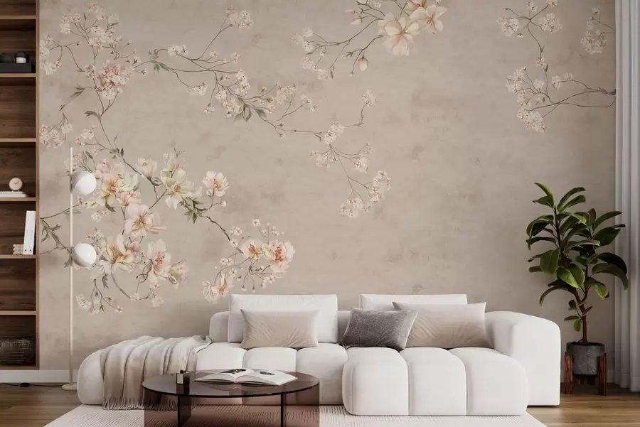 Fototapet Chinoiserie med fina blommiga grenar på ljus bakgrund w05427