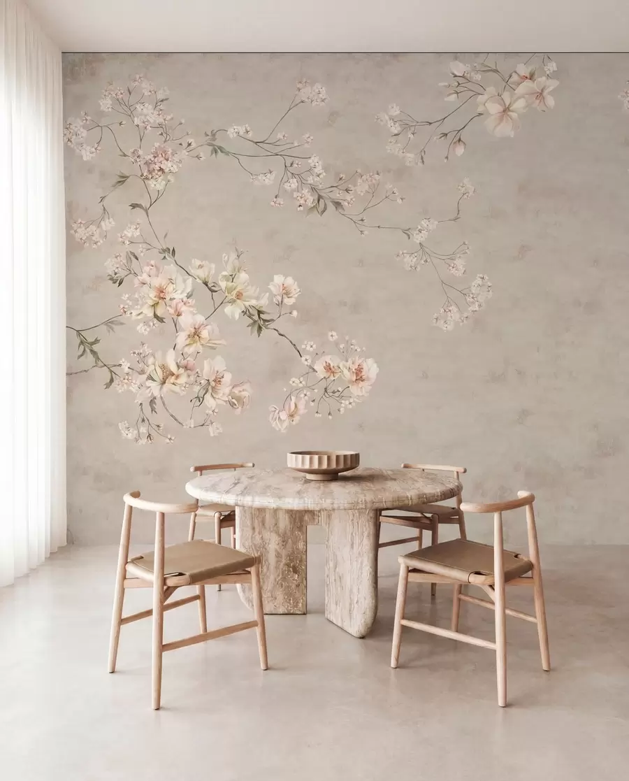 Fototapet Chinoiserie med fina blommiga grenar på ljus bakgrund w05427