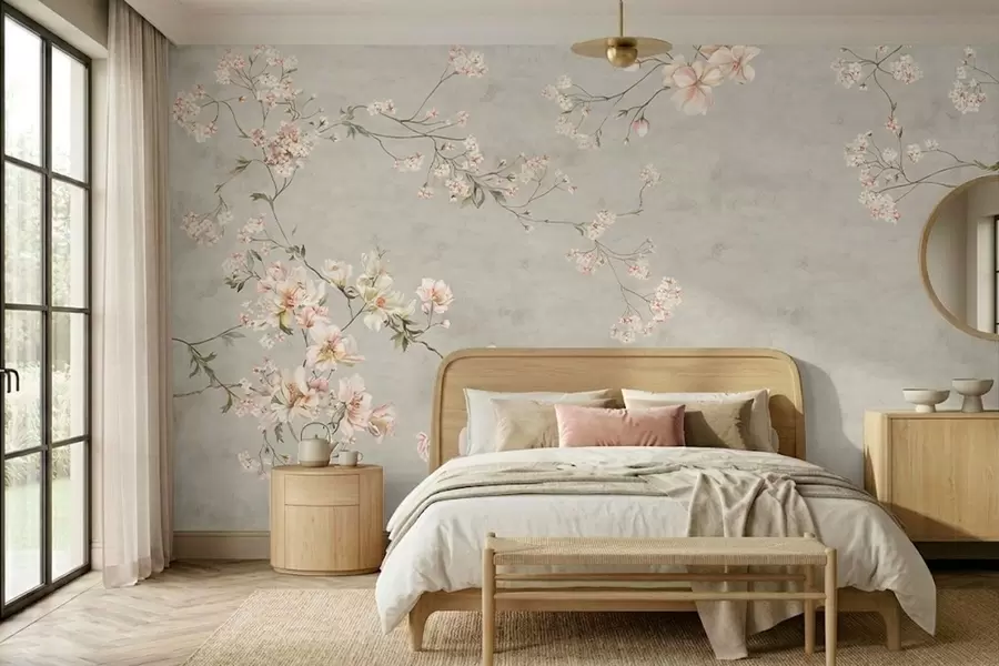 Fototapet Blommiga grenar i chinoiserie-stil på grå bakgrund w05427v1