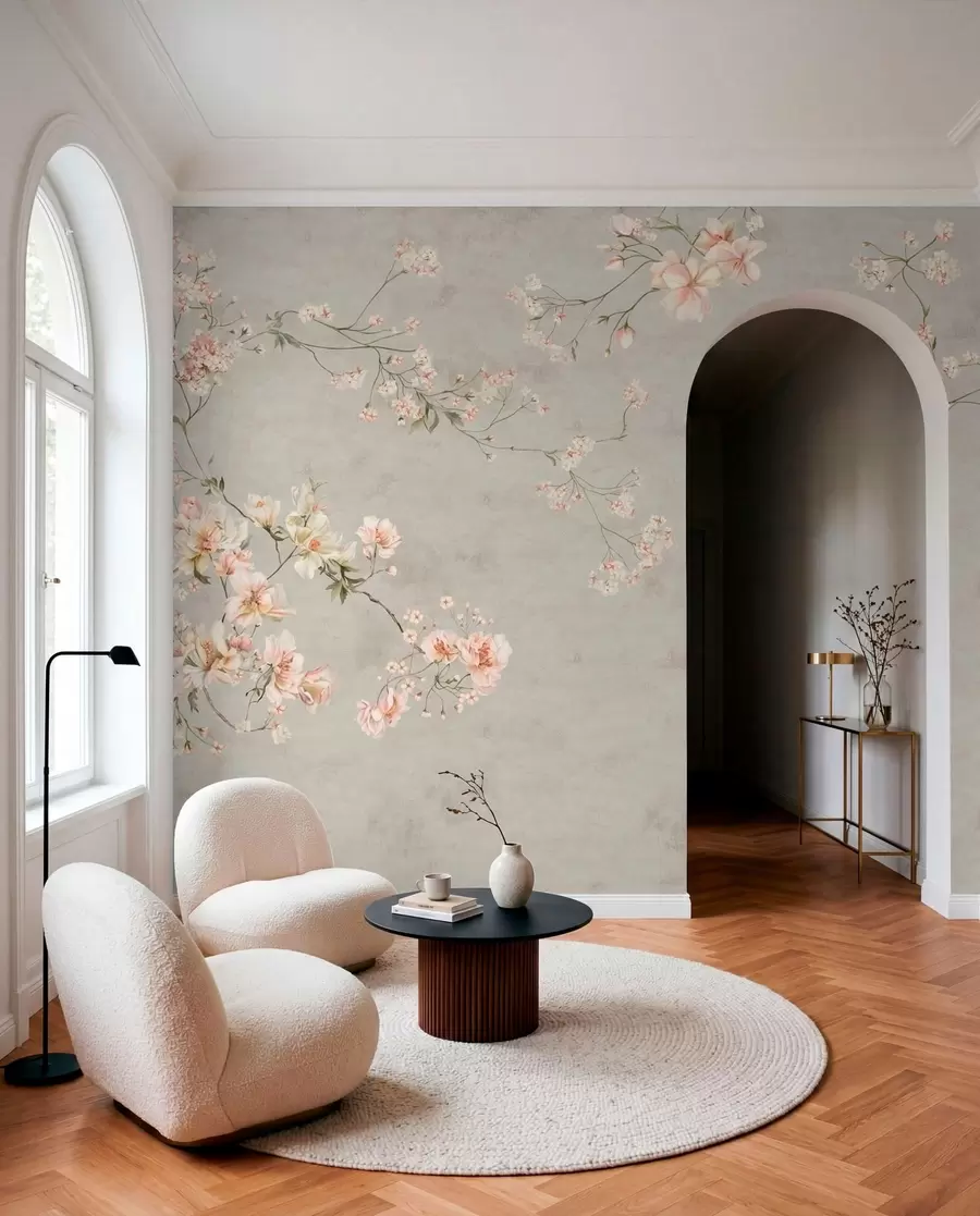 Fototapet Blommiga grenar i chinoiserie-stil på grå bakgrund w05427v1