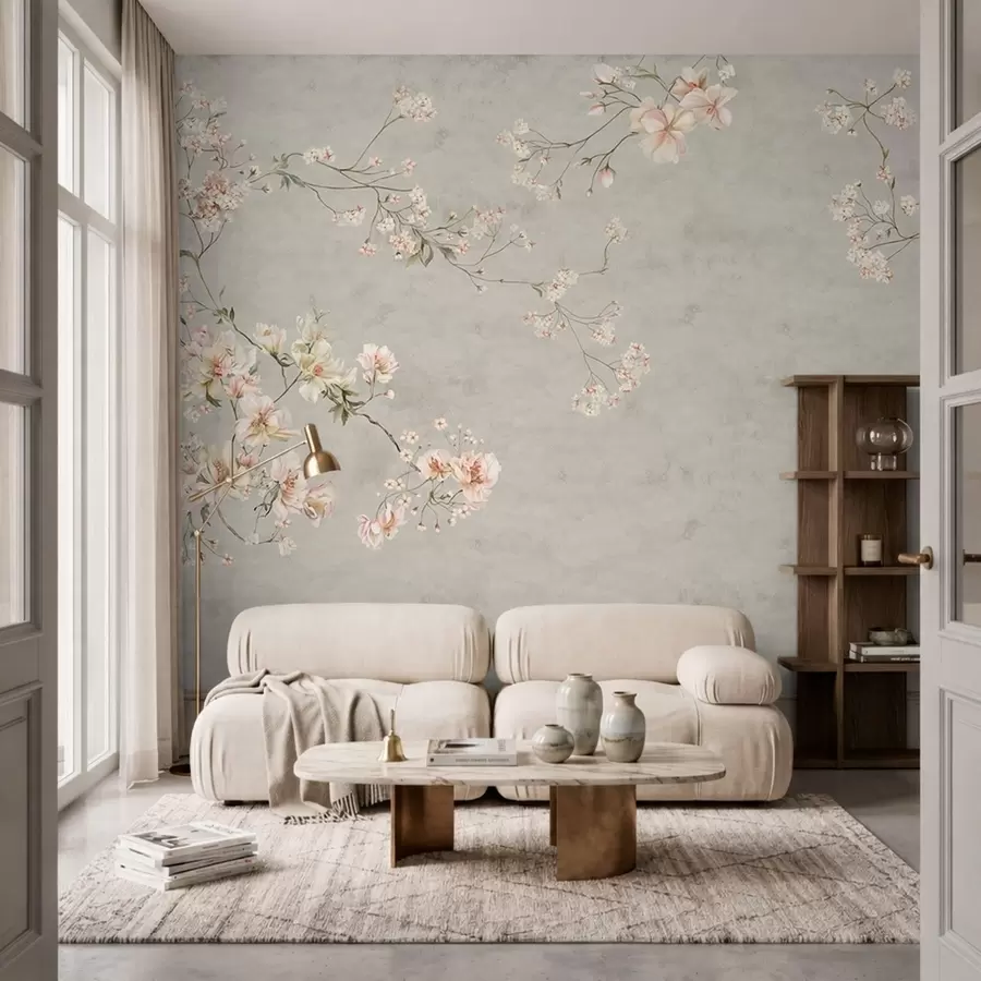 Fototapet Blommiga grenar i chinoiserie-stil på grå bakgrund w05427v1