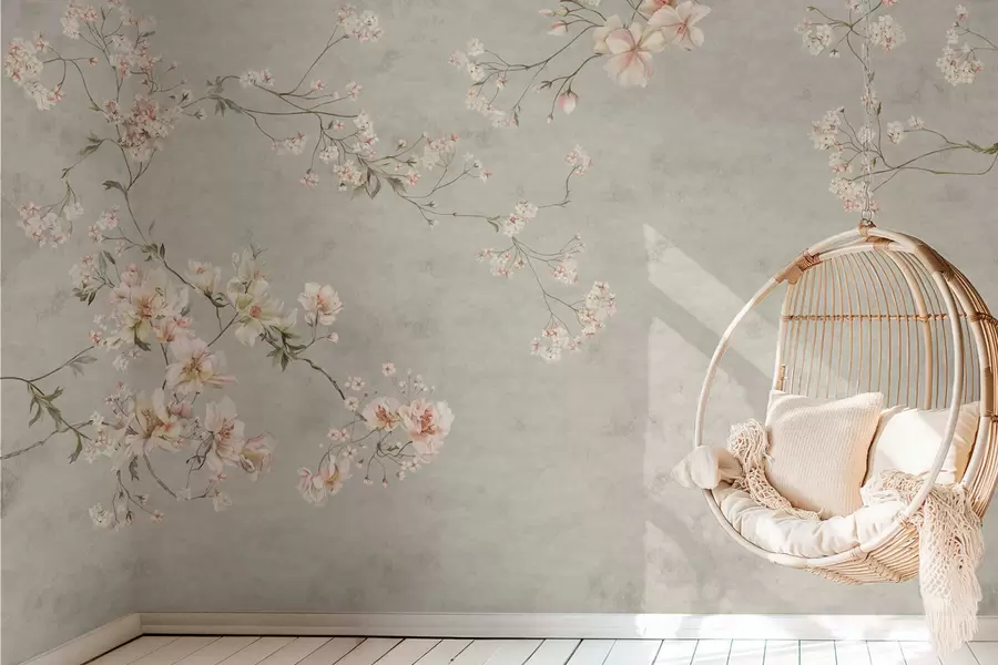 Fototapet Blommiga grenar i chinoiserie-stil på grå bakgrund w05427v1
