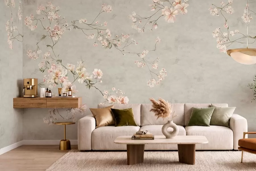 Fototapet Blommiga grenar i chinoiserie-stil på grå bakgrund w05427v1