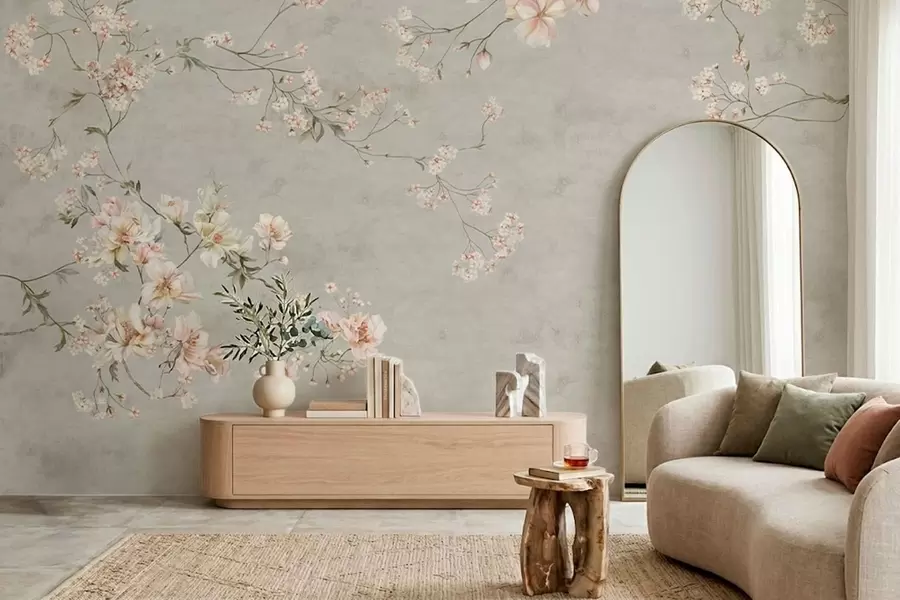 Fototapet Blommiga grenar i chinoiserie-stil på grå bakgrund w05427v1