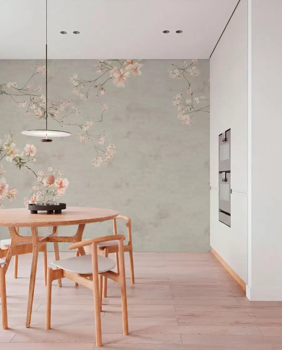 Fototapet Blommiga grenar i chinoiserie-stil på grå bakgrund w05427v1