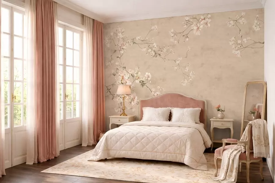 Fototapet Blomstergrenar i chinoiserie-stil mot en varm beige bakgrund w05427v2