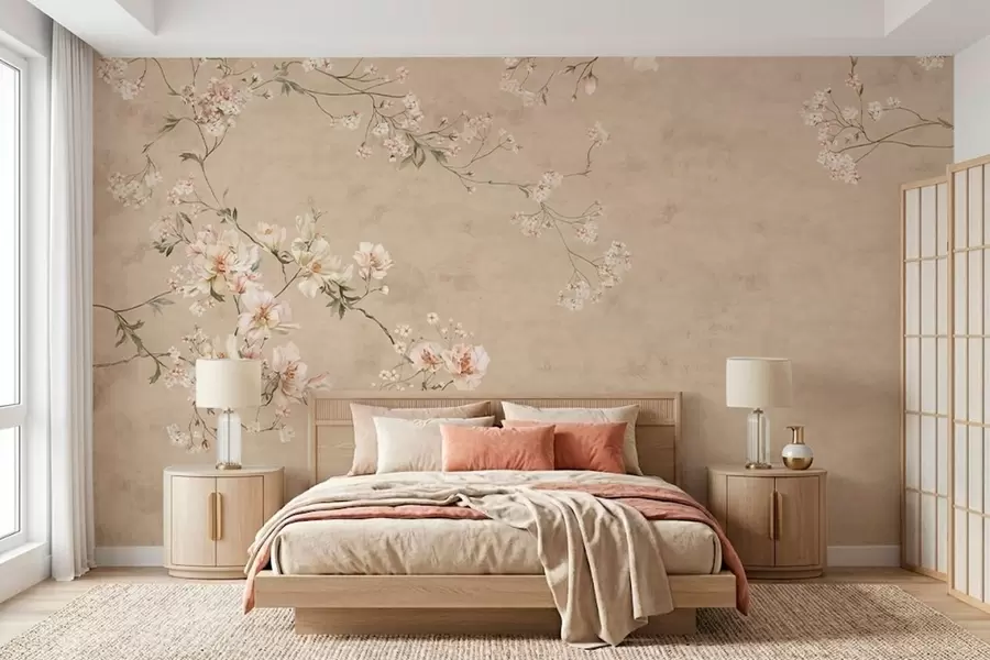 Fototapet Blomstergrenar i chinoiserie-stil mot en varm beige bakgrund w05427v2
