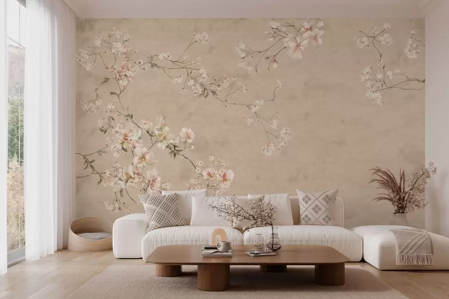 Fototapet Blomstergrenar i chinoiserie-stil mot en varm beige bakgrund w05427v2