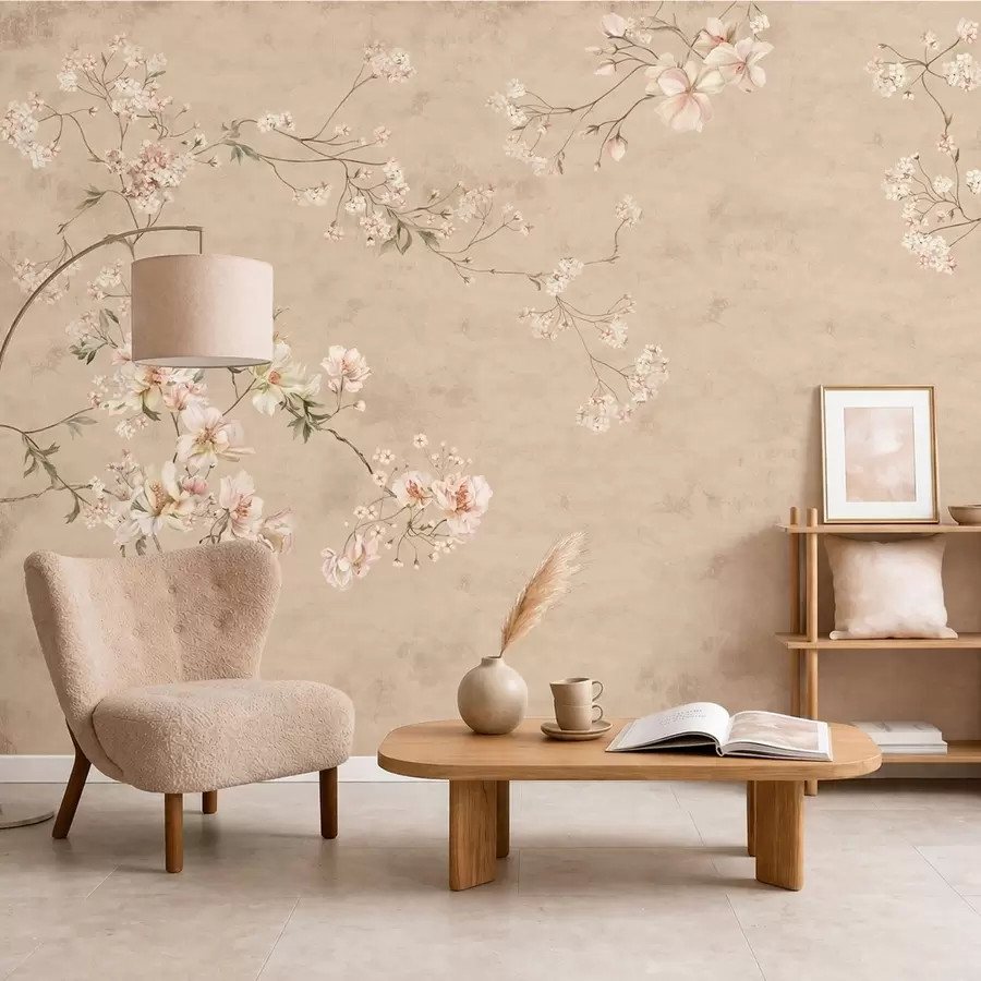 Fototapet Blomstergrenar i chinoiserie-stil mot en varm beige bakgrund w05427v2