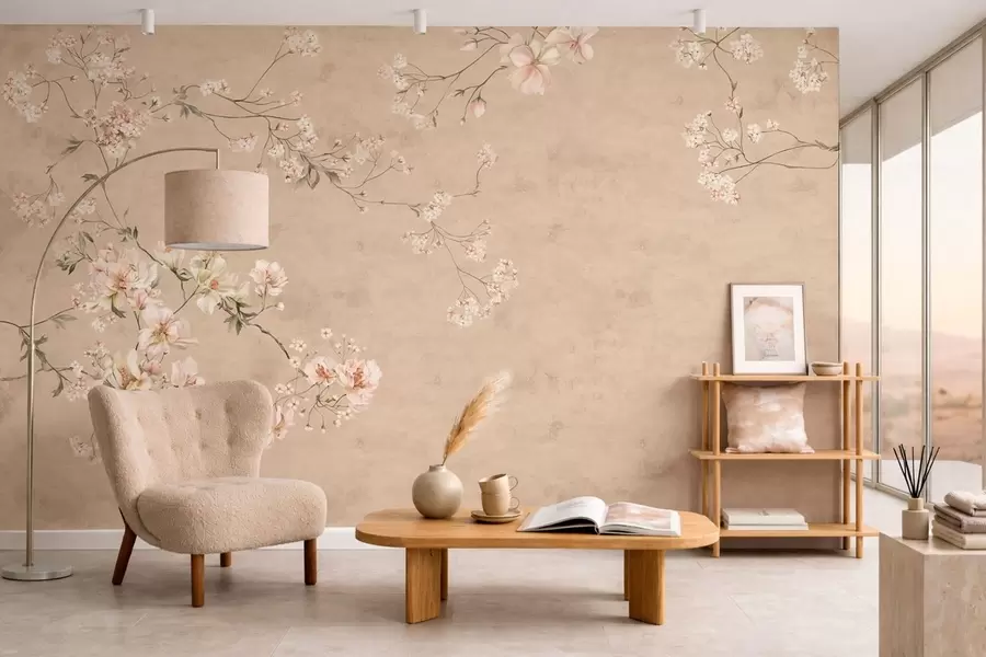 Fototapet Blomstergrenar i chinoiserie-stil mot en varm beige bakgrund w05427v2