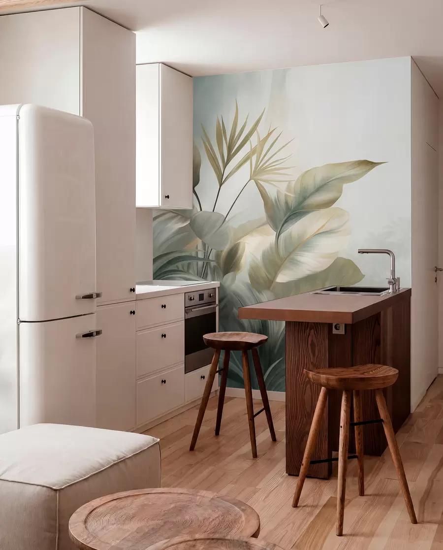 Fototapet Stora, strukturerade tropiska blad i dämpade gröna och beige nyanser, en djungelmiljö w09820