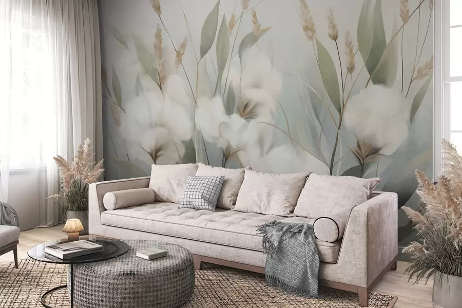 Fototapet Vita torkade blommor och högt gräs mot en mjuk, dämpad bakgrund, målad i impressionistisk stil w09823