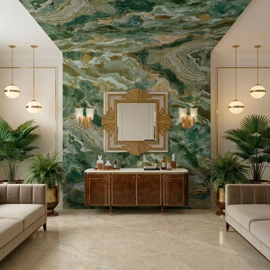 Fototapet Grön onyxstruktur med böljande, skiktade ådringar w05429