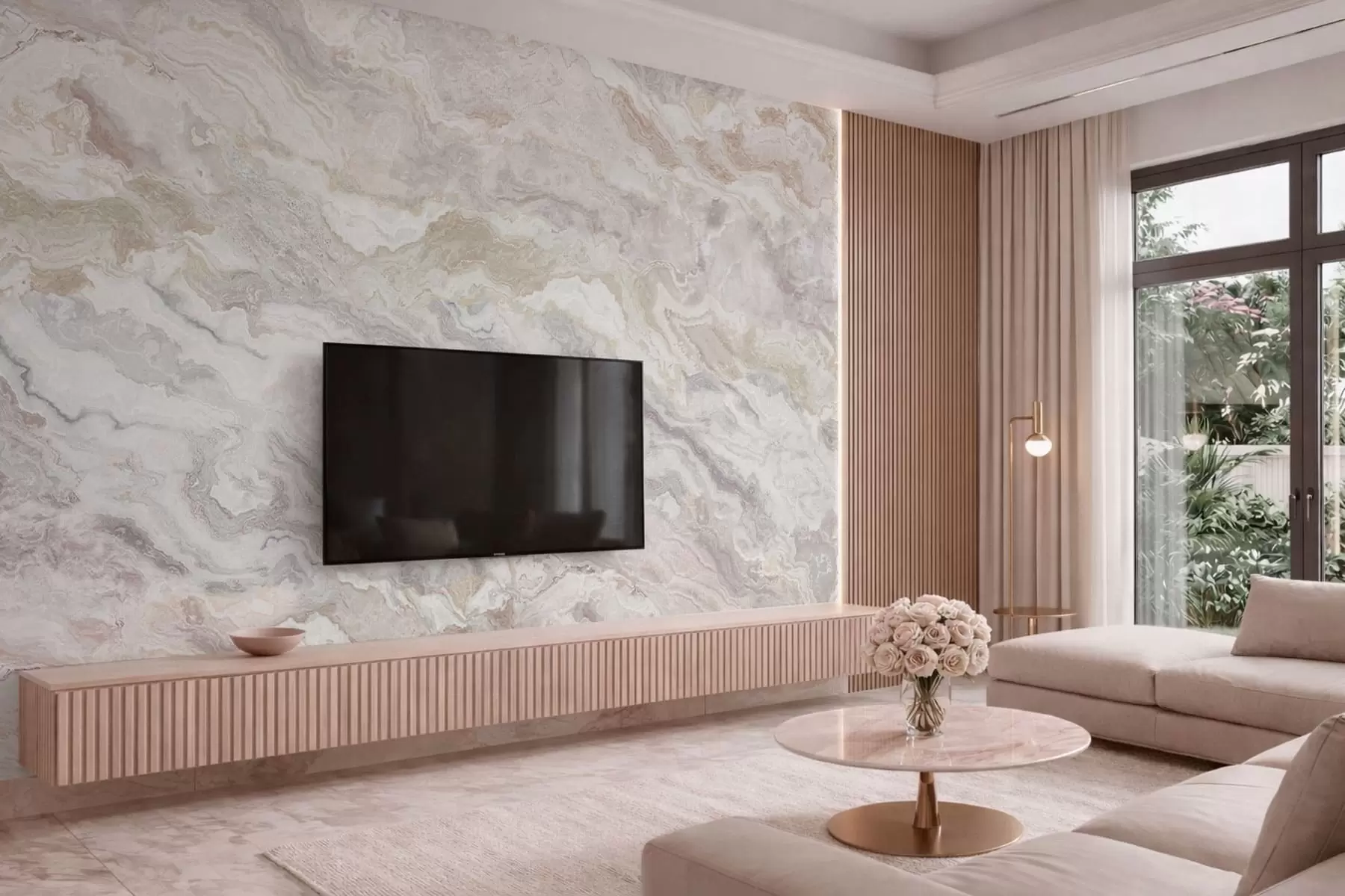 Fototapet Ljus onyx med flödande lager i beige och grått w05430