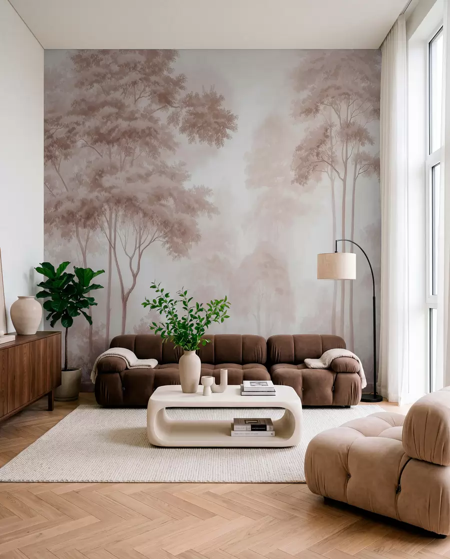 Fototapet Ett abstrakt skogslandskap i rökiga beige nyanser med en känsla av djup w09657