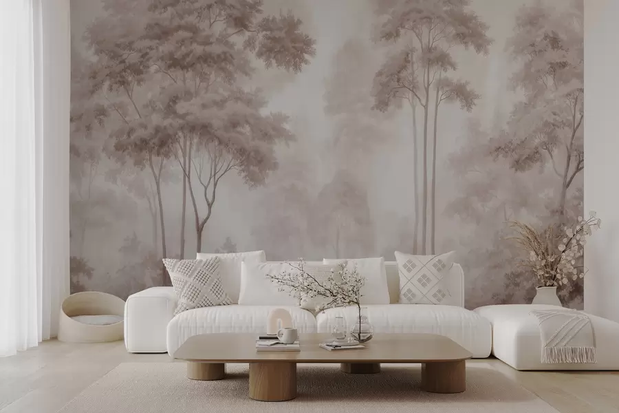 Fototapet Ett abstrakt skogslandskap i rökiga beige nyanser med en känsla av djup w09657
