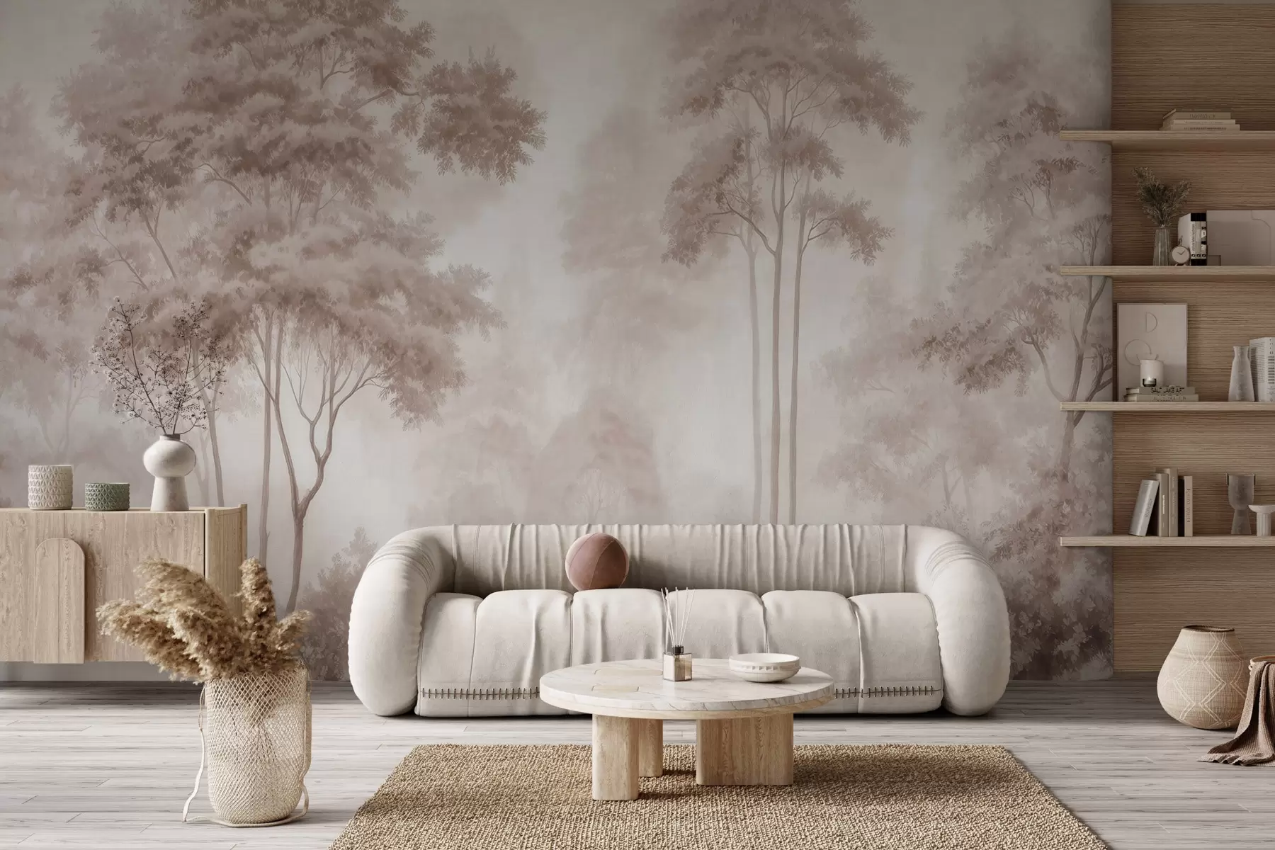 Fototapet Ett abstrakt skogslandskap i rökiga beige nyanser med en känsla av djup w09657