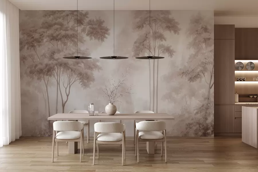 Fototapet Ett abstrakt skogslandskap i rökiga beige nyanser med en känsla av djup w09657