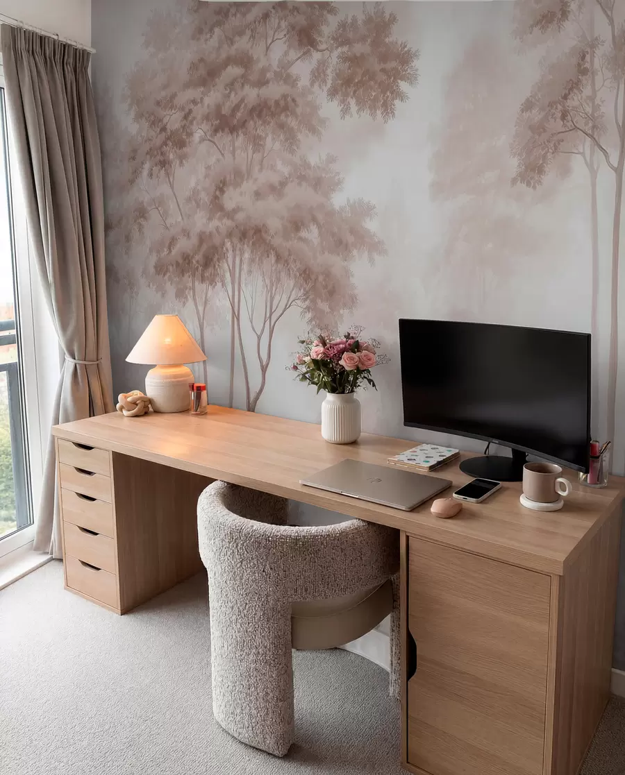 Fototapet Ett abstrakt skogslandskap i rökiga beige nyanser med en känsla av djup w09657