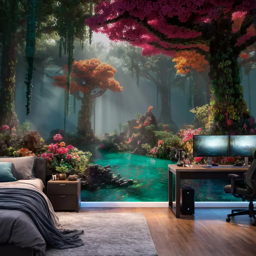 Fototapet En skogsdunge med pixelmotiv inspirerad av videospel w09683